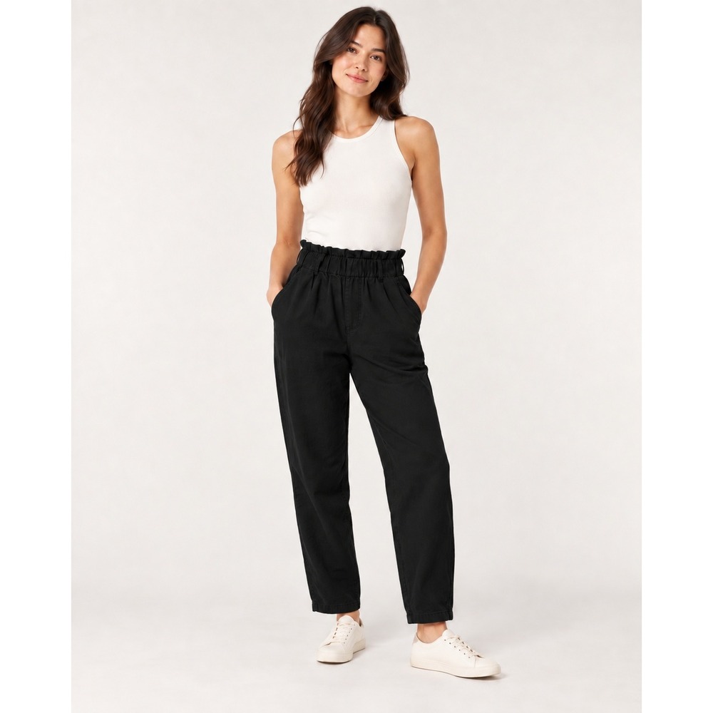 Zara Black Paperbag Waist High Rise Straight Leg Raw Hem Denim Jeans Size 6